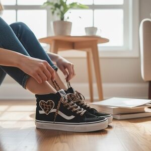 Vans Black High-Top Sneakers with Leopard Heart